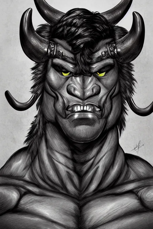 Image similar to portrait of a muscular bull man barbarian, fursona, furry art