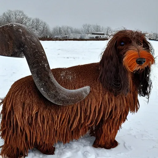 Image similar to Giant woolly dachshund with mammoth tusks, in the middle of a snow storm