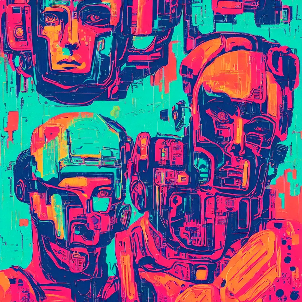 Image similar to risograph style gouache impasto huge robot head, cyberpunk art by by james gilleard, cgsociety, retrofuturism, synthwave, retrowave, outrun