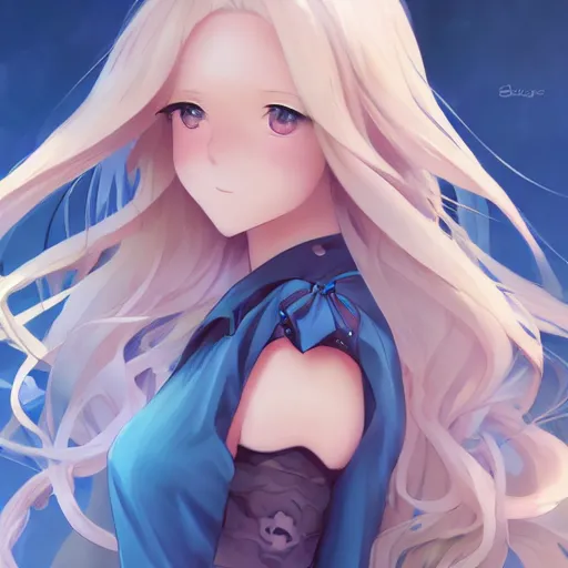 Image similar to a very beautiful anime cute girl, full body, long wavy blond hair, sky blue eyes, full round face, short smile, fancy top, miniskirt, front view, medium shot, mid-shot, highly detailed, cinematic wallpaper by Stanley Artgerm Lau