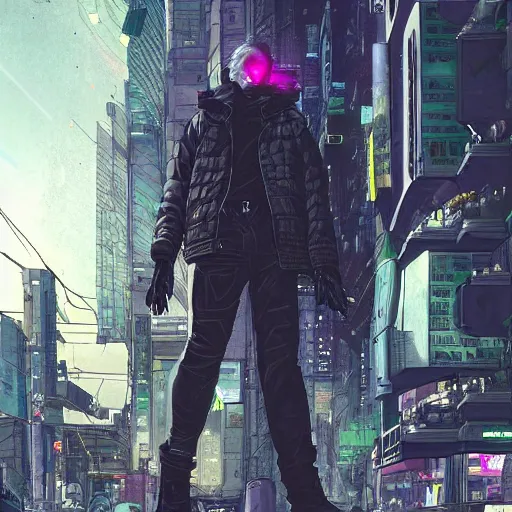 Image similar to a beautiful picture of a cyberpunk rogue walking in crowded city by katsuhiro otomo trending on artstation