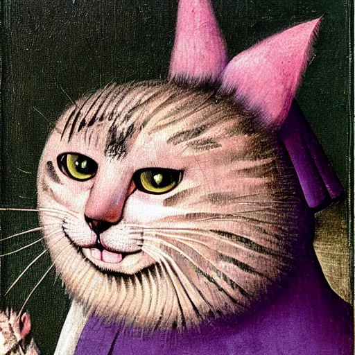 Image similar to portrait of the cat of cheshire bosch with pink and purple striped fur and a huge malicious smile by hieronymus bosch. oil on wood