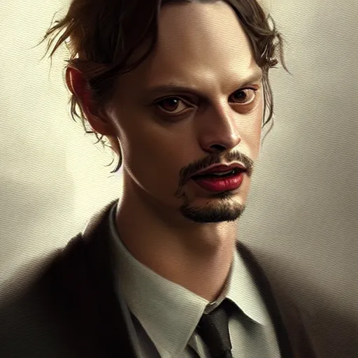 Image similar to very detailed masterpiece painting of matthew gray gubler, portrait, artstation, concept art by greg rutkowski