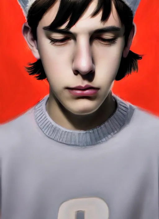 Image similar to portrait of teenage jughead jones wearing a light grey crown, photorealistic, crown, sweater with letter s on it, hamburger, eyes closed, crown, black hair, intricate, elegant, glowing lights, highly detailed, digital painting, artstation, concept art, smooth, sharp focus, illustration, art by wlop, mars ravelo and greg rutkowski