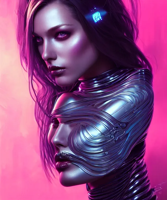 Prompt: Supermodel woman turning into an Android portrait, dark surrealism , scifi, intricate, elegant, sharp eyebrows, dark hair, highly detailed cybernetic body, neon glowing eyes, digital painting, artstation, concept art, smooth, sharp focus, illustration, art by artgerm and moebius and alphonse mucha