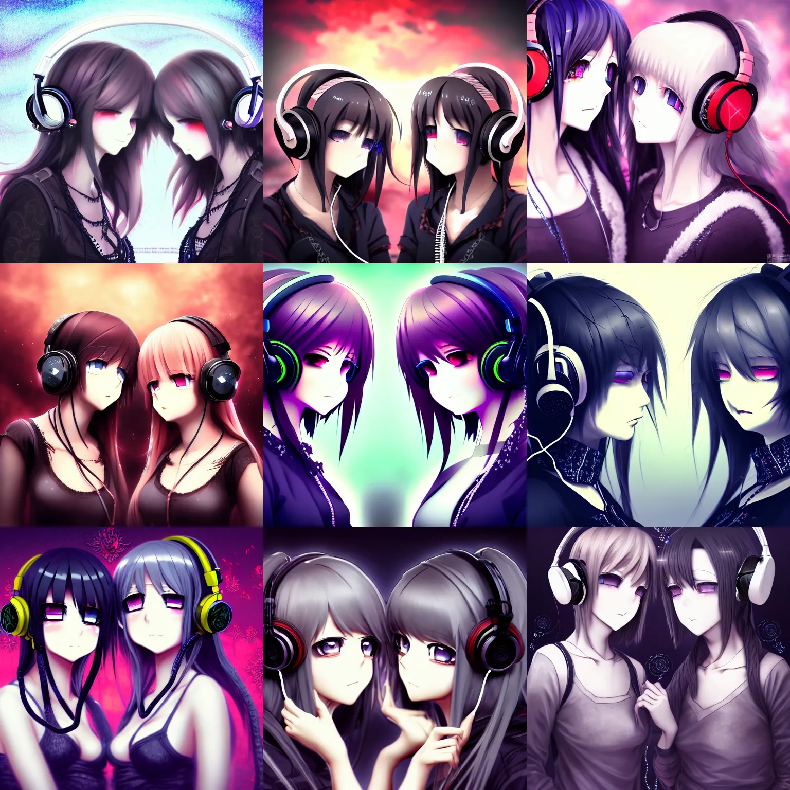 Prompt: two beautiful lesbian girls in love, wearing headphones, fractal destruction, fractal motif, reality warping, desolate, gothic, in the style of anime, close - up, highly detailed face, 4 k, artstation, intricate, chaotic, brutal, esoteric, highly detailed, stylized, japanese, amazing composition