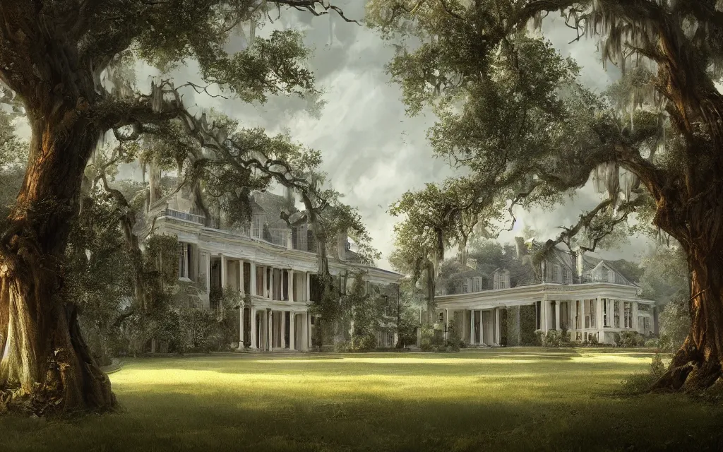 Prompt: a southern plantation, ornate large white manor house, long tree-lined driveway, romanticism, hyperdetailed, artstation, cgsociety, 8k, masterpiece