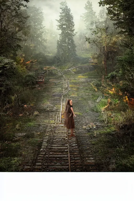 Prompt: Matte painting art of girl standing at the old train station, old steam train standing on the tracks, fantasy dense forest with a lot of detail, the tracks covered with vegetation, highly detailed, 4k, 8k resolution, trending on artstation, octane render, unreal engine, cinematic