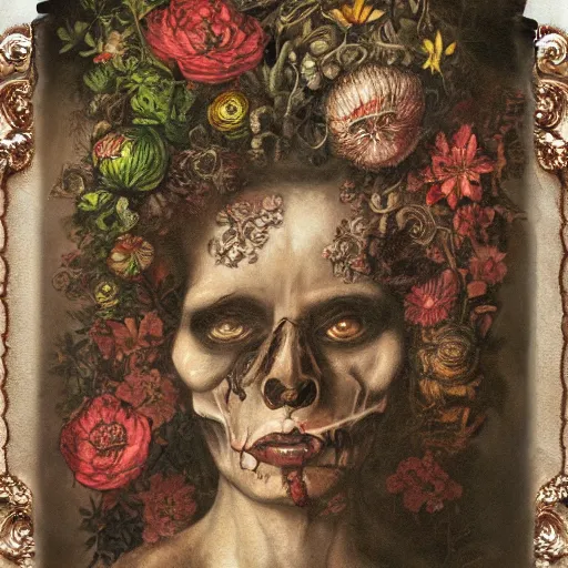 Image similar to a beautiful detailed front view baroque portrait of a rotten woman corpse becoming almost a skull with fractal plants and fractal flowers and mushrooms growing around, intricate, ornate, volumetric light, beautiful lit, polaroid photography