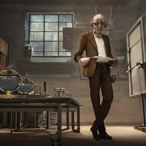 Image similar to muted colors, steampunk, 3 d octane render, unreal engine, realistic, and old professor standing in his laboratory inspecting gadgets, detailed, cinematic lighting