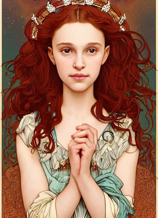 Prompt: well - lit art nouveau portrait of a 1 3 - year old girl who resembles natalie portman and millie bobby brown worried, vulnerable expression, with red hair as a princess with intricate, ornate jewelry, natural lighting, path traced, highly detailed, high quality, cartoon, digital painting, by don bluth and ross tran and studio ghibli and alphonse mucha