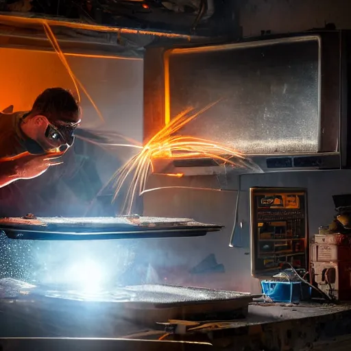 Image similar to cyborg toaster oven repairman, dark messy smoke - filled cluttered workshop, dark, dramatic lighting, orange tint, sparks, plasma rays, cinematic, highly detailed, sci - fi, futuristic, movie still, rule of thirds composition