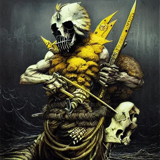 Image similar to barbarian loaded with weapons and animal skulls by beksinski and tristan eaton, black and yellow, dark neon trimmed beautiful dystopian digital art