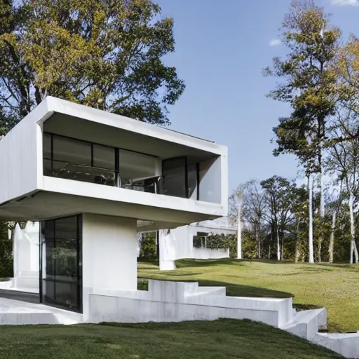 Image similar to second story elevated white brutalist home perched atop 2 equidistant separated large piers, double cantilevered design, large windows, elegant, white stone, proportion, golden ratio, epic composition, steel window mullions, cars parked underneath