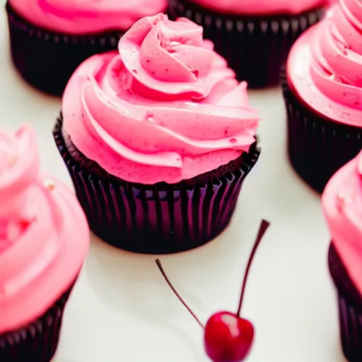 Prompt: close up photograph of a cute pink cupcake with cherry on top, 3 5 mm