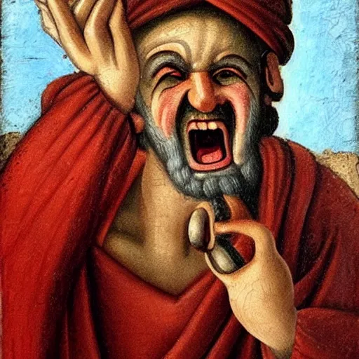 Prompt: portrait of ancient greek idiot yawning with big eyes and sharp nose. fine detail. artistic painting by lurid