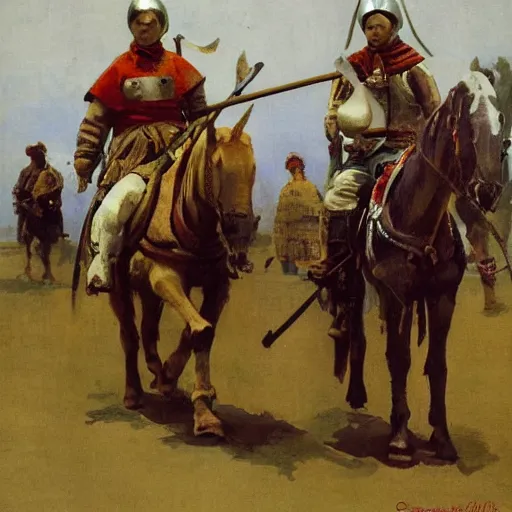 Image similar to man wearing chinmail and gambeson on horseback, holding jousting lance, horse is wearing caparisons, medieval by greg manchess, bernie fuchs, walter everett, lost edges