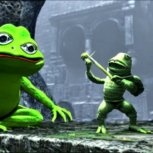 Prompt: Gavlan from Dark Souls 2 duelling Pepe the frog in melee combat