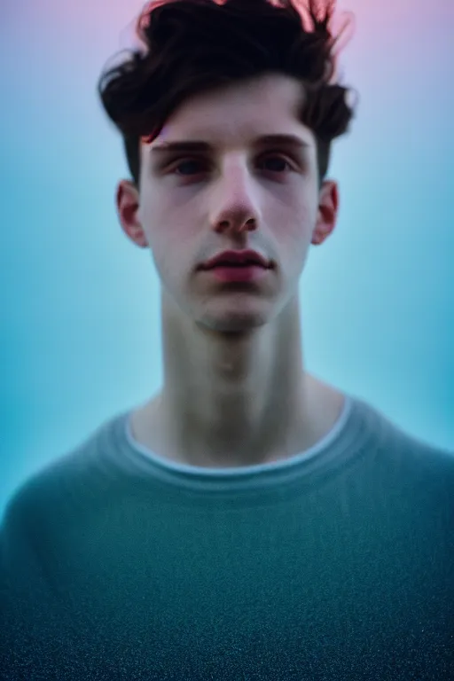 Image similar to high quality pastel coloured film mid angle selfie photograph of a beautiful young 2 0 year old male, soft features, short black hair, standing in an icelandic black rock environment. atmospheric. three point light. photographic. art directed. ( pastel colours ). volumetric light. clearcoat. waves glitch. 8 k. filmic.