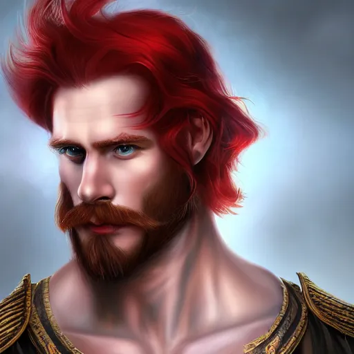 Image similar to portrait of a handsome male ship captain with long red hair!!!!!!, 30 years old, bashful, upper body, ethereal, muscular, friendly, playful, D&D, hairworks, Unreal 4, fantasy, elegant, highly detailed, digital painting, hairworks, deviantart, artstation, concept art, sharp focus, dramatic lighting, illustration, art by Artgerm and Greg Rutkowski and Alphonse Mucha