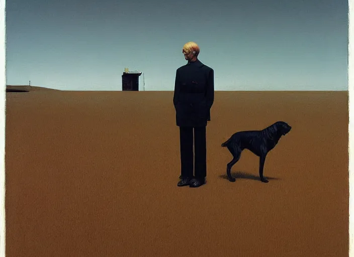 Image similar to portrait of a man and his dog, highly detailed, science fiction, Edward Hopper and James Gilleard, Zdzislaw Beksinski highly detailed