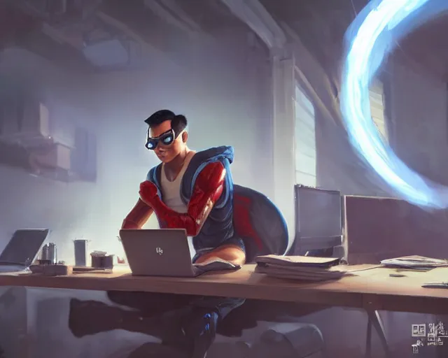 Image similar to an insanely detailed painting of a nerdy asian man wearing a superhero costume, sitting at a desk, staring at the nervously at the computer and typing, in the style of peter mohrbacher, dramatic lighting and composition, octane render, pixar, trending on artstation, concept art, comic book, view from behind