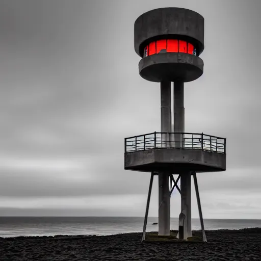 Prompt: an old robust concrete brutalist observation tower from ww 2 with red light coming from inside. the tower floats above a icelandic beach, black sand beach, blue hour, cloudy day, watercolor, award winning, trending on artstation, cinematic