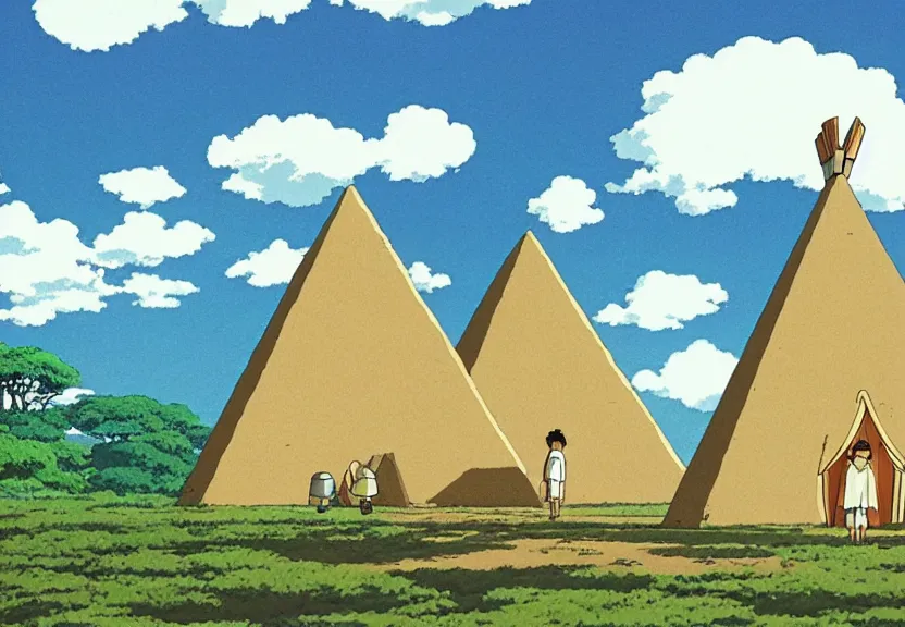 Image similar to a movie still from a studio ghibli film showing several large white pyramids and a golden ufo in the amazon jungle. by studio ghibli