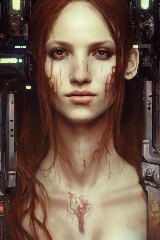 Prompt: portrait of beautiful young maiden, warhammer, cyberpunk, a lot of scars, readhead, the future ages, highly detailed, artstation, illustration, art by gustav klimt, 8 k quality