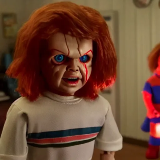 Prompt: Stranger Things episode featuring Chucky the killer doll from the movie Child's Play