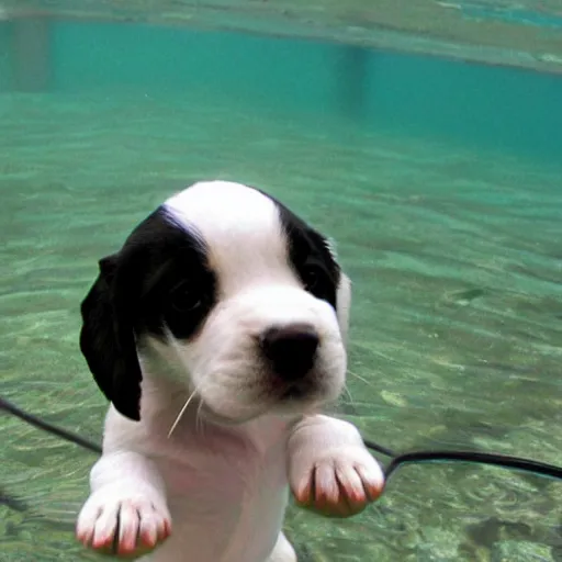 Prompt: puppy saluting underwater