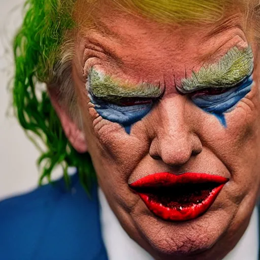 Prompt: a photo of Donald trump as the new joker, detailed skin