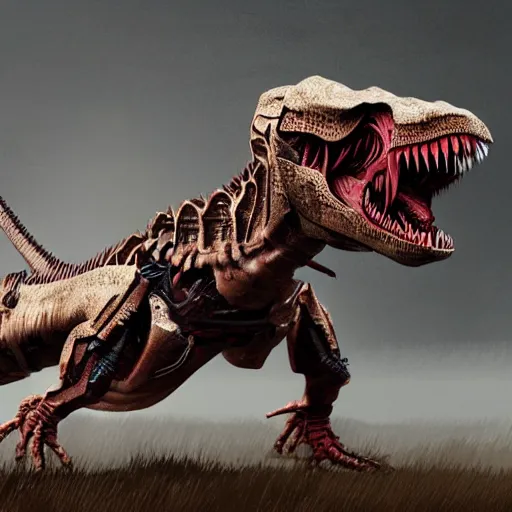 Image similar to an illustration of the full body of a cyborg t-rex, photorealistic, detailed, textured, award-winning