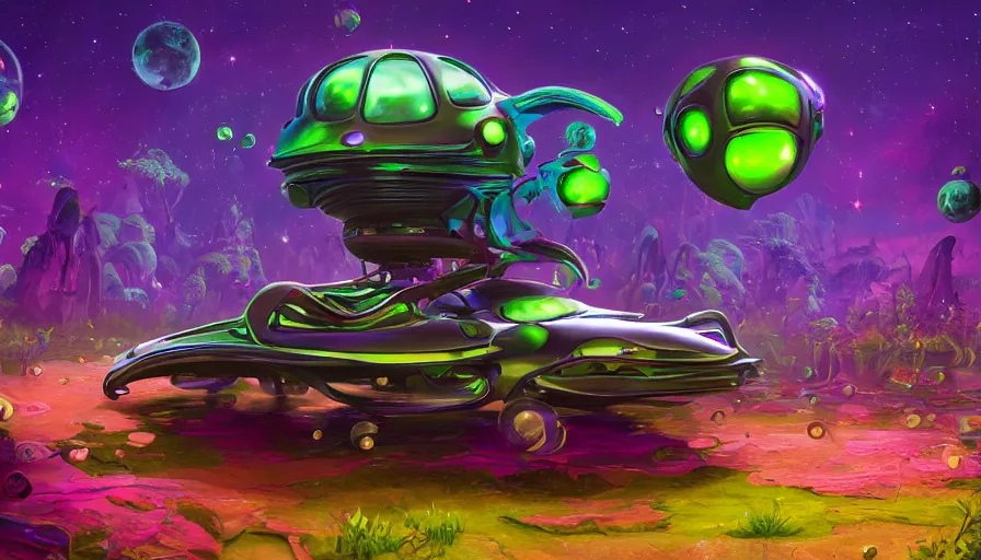 Prompt: A fancy alien car on a magical biome of full of oddities, fireflies, slimes, slimy, goofy, sparkles, fantasy, fantastic, positive vibes, Vibrant colors, Smooth gradients, digital art, behance, artstation, unreal render, unreal engine 5, octane, smooth, 8k
