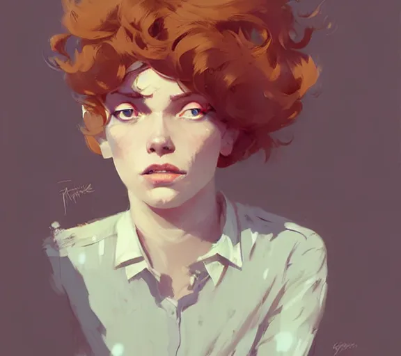 Prompt: portrait woman with short ginger curly hair on the duel with a men, by atey ghailan, by greg rutkowski, by greg tocchini, by james gilleard, by joe fenton, by kaethe butcher, by ashley wood, dynamic lighting, gradient light blue, brown, blonde cream and white color scheme, grunge aesthetic