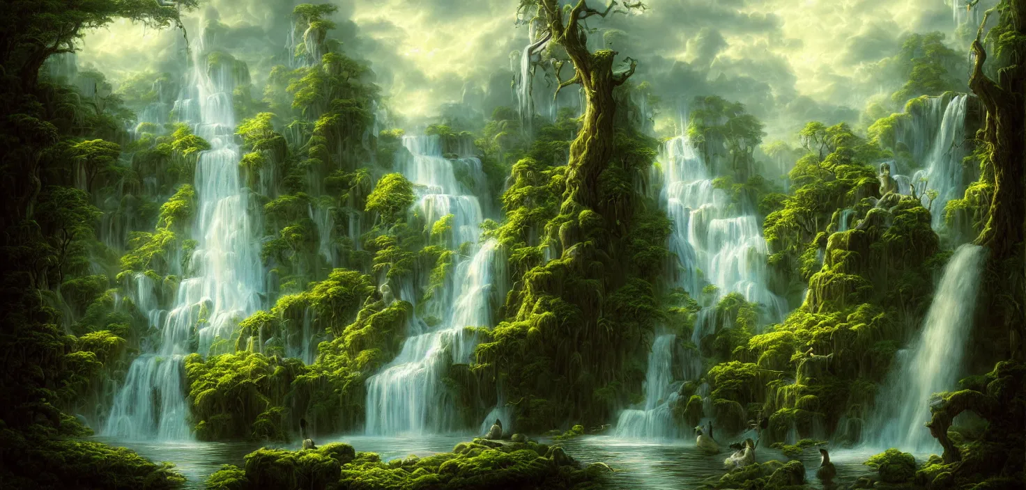 Prompt: a painting of a waterfall in a random magic forest, a detailed matte painting landscape by todd lockwood, deviantart, fantasy art, matte painting, matte drawing, airbrush art