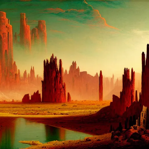 Image similar to concept art of the desert valley surrounded by mountains with a small towers on top of it | red lake with a destroyed antic building in the centre | german romanticism style, hyper - realism, narrative realism, art by johfra bosschart | high details, panoramic view | trending on artstation