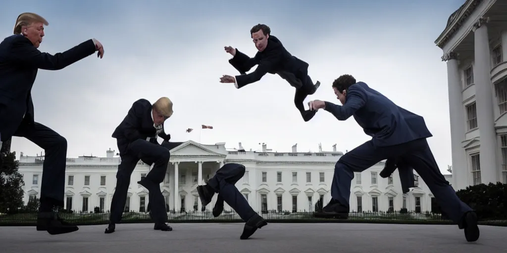 Prompt: a professional cinematic photo of donald trump fighting mark zuckerberg on top of white house. extremely high fidelity. key light.