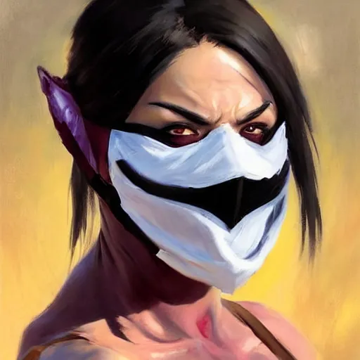 Image similar to greg manchess portrait painting of mileena from mortal kombat wearing a halfmask covering her mouth as overwatch character, medium shot, asymmetrical, profile picture, organic painting, sunny day, matte painting, bold shapes, hard edges, street art, trending on artstation, by huang guangjian and gil elvgren and sachin teng