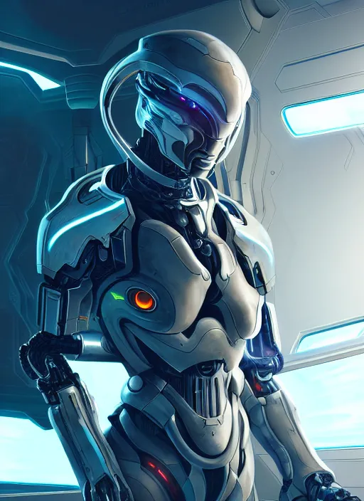 Image similar to photo of a cyborg girl on a space ship, warframe armor, scifi, professionally color graded, interesting angle, sharp focus, 8 k high definition, insanely detailed, intricate, innocent, art by stanley lau and artgerm