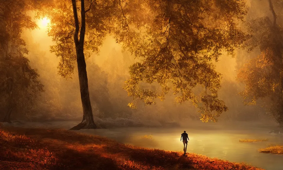 Image similar to A matte painting of an adventurer walking along the river bank in a forest during the golden hour in autumn, surrounded by dust and volumetric light shining through the tree tops