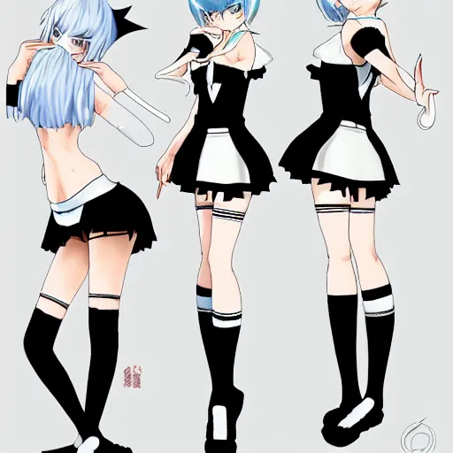 Image similar to Japanese styled anime character design sheet of a shy caucasian short girl with black hair, heterochromia eyes and with cat ears and cat tail wearing a white and blue moon inspired oufit, fishnet stockings, white sneakers, white earrings and a black nose ring, trending on artstation