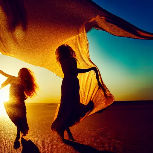 Image similar to filmstill photography of two female body sulhouettes covered with curly white translucent blanket blowing in wind, acrylic liquid colors, luxurious supermodel photoshooting, golden jewelry, bokeh, godrays, strong wind, wrinkles, sunrays, sunset, lens flares, cold colors, sand dunes