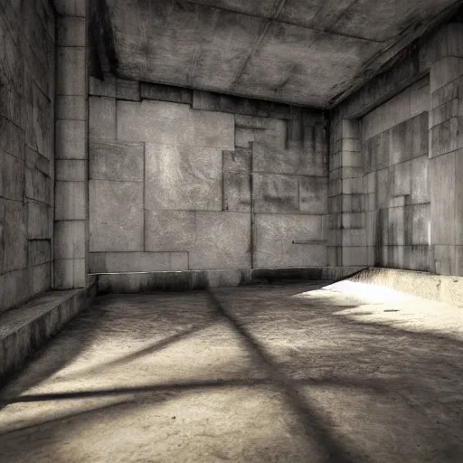 Image similar to gritty, cinematic, liminal space, 3d render, photorealism