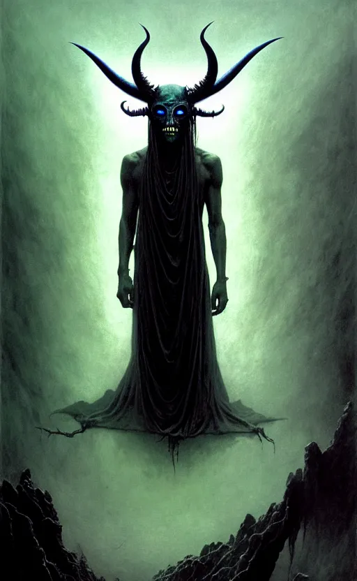 Image similar to a striking full body portrait of a pitch black masked eldritch shaman with jagged black horns by moebius and beksinski and artgerm, detailed artwork, realism, 4 k resolution, detailed, high quality, sharp focus, hq artwork, insane detail, volumetric lighting, character concept art, fine details, tarot card, clear subject