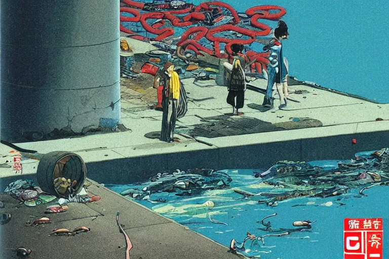 Image similar to 1 9 7 9 omni cover of a sewer pipe near spewing fish and trash near a seawall in tokyo. art in cyberpunk style by dali, and vincent di fate