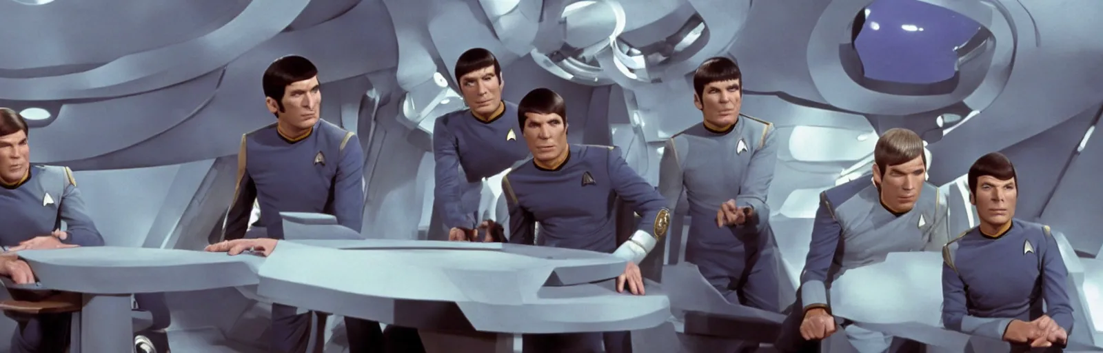 Image similar to a screencap of captain kirk, mr. spock and doctor mccoy on the bridge of the enteprise, in star trek the original series