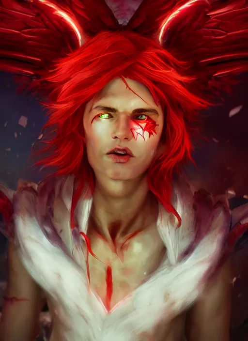 Prompt: An epic fantasy comic book style portrait painting of a young fairy boy with red wings, pointy red hair, white glowing eyes, red long hair red coat. Unreal 5, DAZ, hyperrealistic, octane render, cosplay, RPG portrait, dynamic lighting