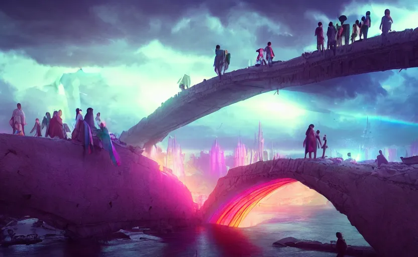 Image similar to incredible, mindblowing, refugees crossing a ruined bridge made of rainbow hardlight, floating city in the sky, matte painting, artstation, cgsociety, dramatic lighting, concept art, octane render, arnold 3 d render