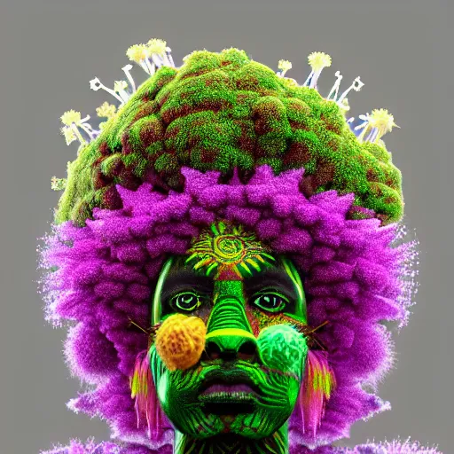 Prompt: an african marijuanna! shaman with an afro made of flowers, third eye art art by machina infinitum, complexity from simplicity, rendered in octane, mandelbulb 3 d, ambient occlusion, macro photography, felt!!! texture, tribal, neon! retrowave
